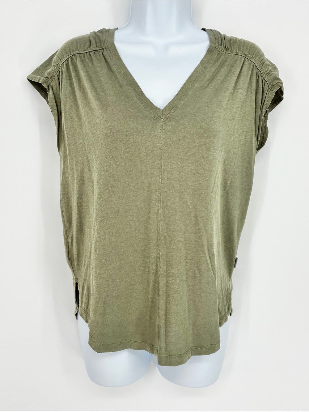Eddie Bauer Travex Olive Green V-Neck Cap Sleeve Ruched Top XS